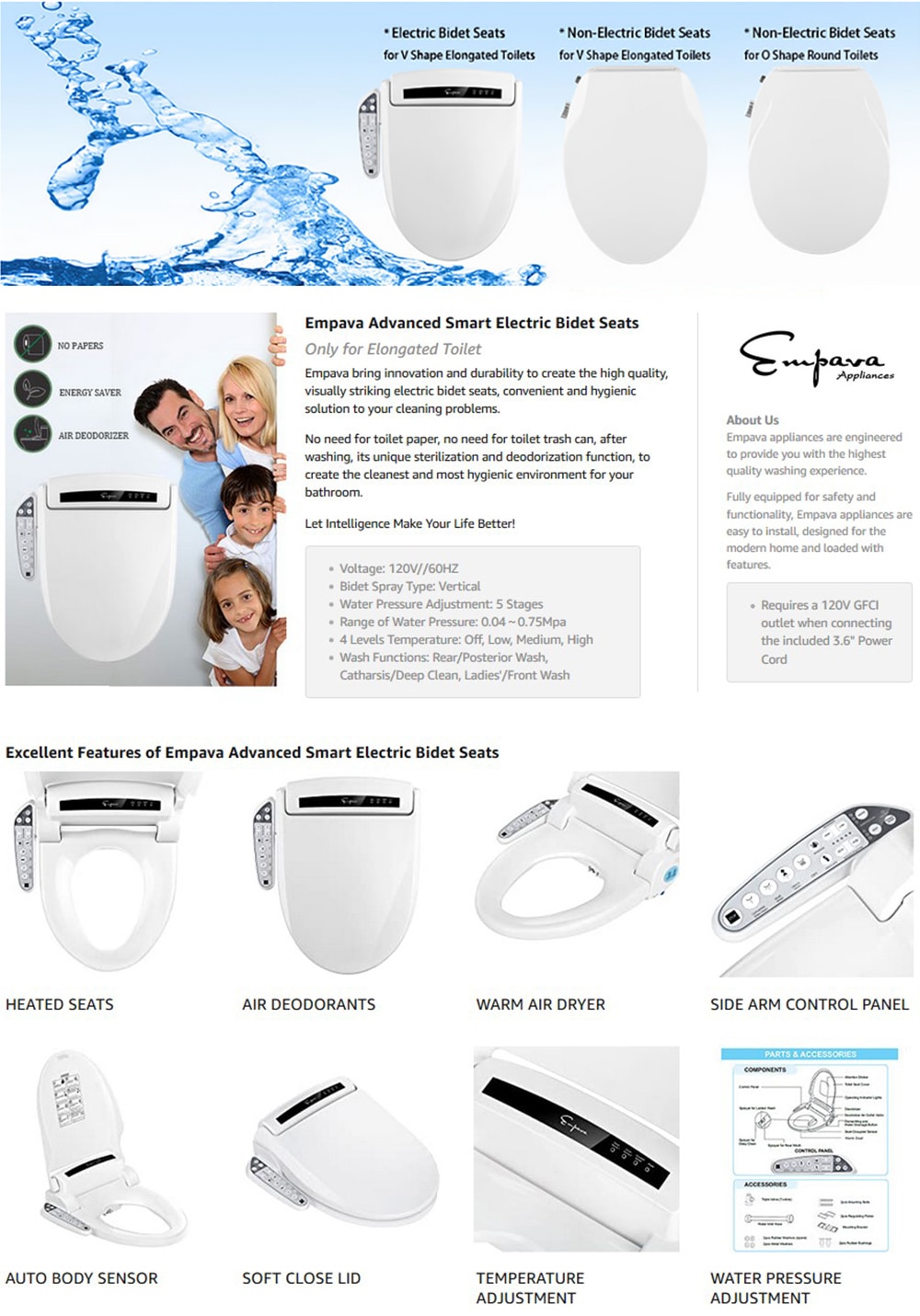 Empava Elongated Open Front Electric Toilet Seat in White Heated